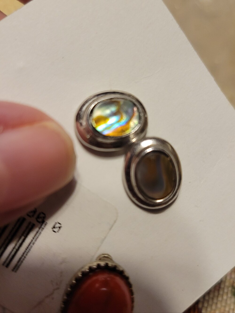 Silver Abalone Oval Stud Earrings - Iridescent Green/Blue